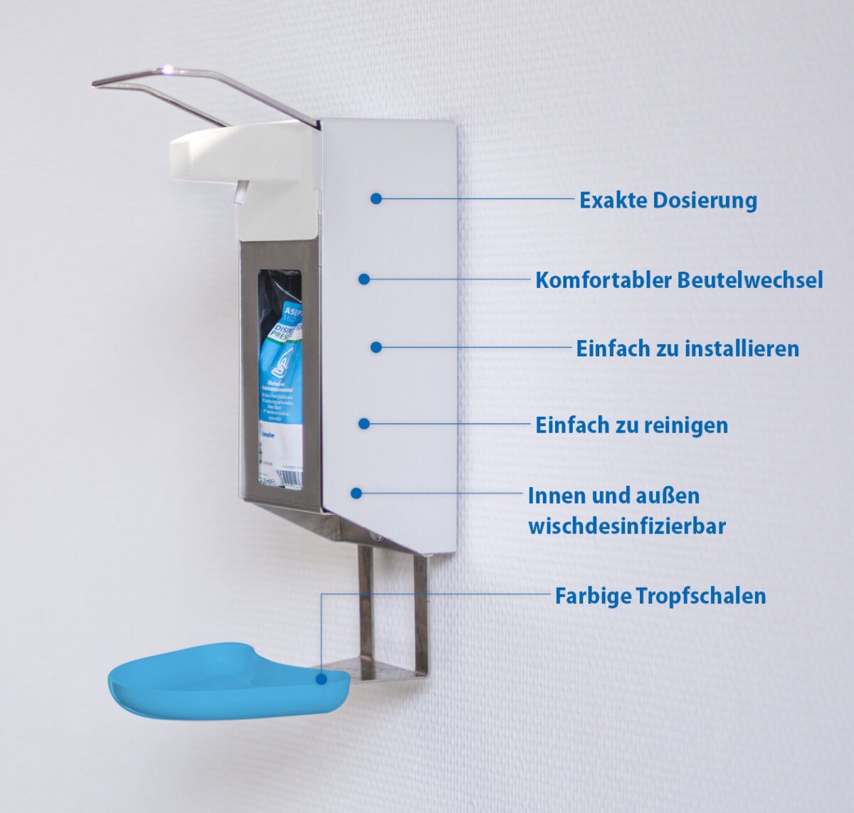 Spender SPE ALU Flex mit blauer Tropfschale - mit Vorteilen in Stichworten.